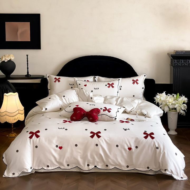 Decorative Cotton-Sateen Duvet Cover Set with Embroidered Bow & Polka Dot Motif