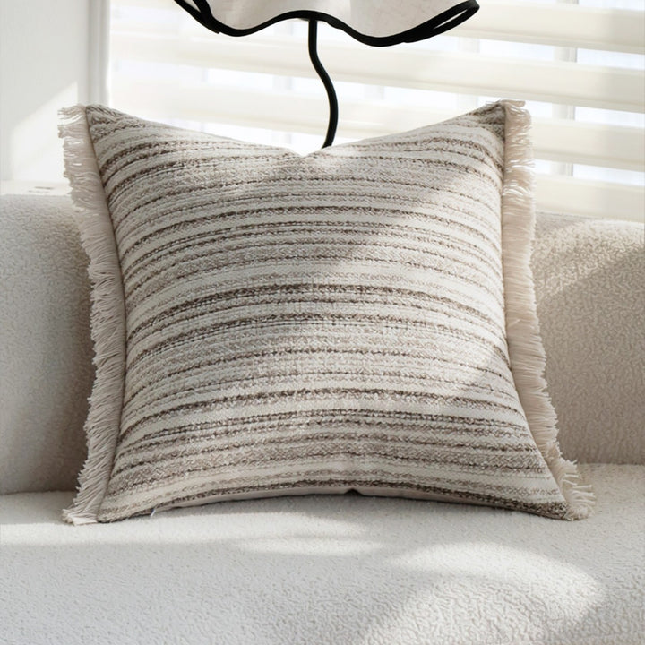 Square structure cushion cover made of cotton-linen with longitudinal stripes and fringed edge Stornfield