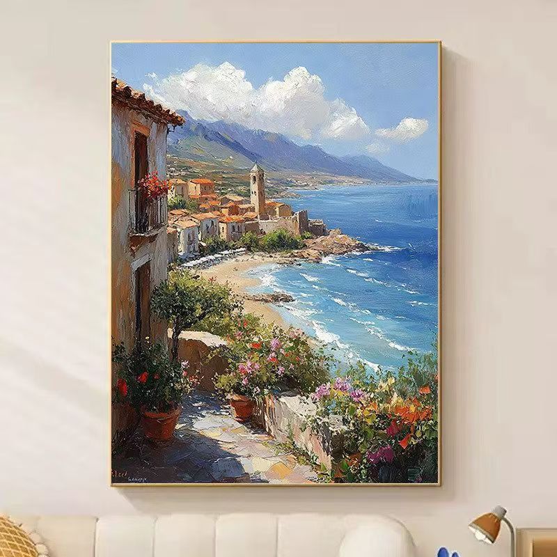 Coastal Village Scenic Painting Canvas Wall Art Stornfield