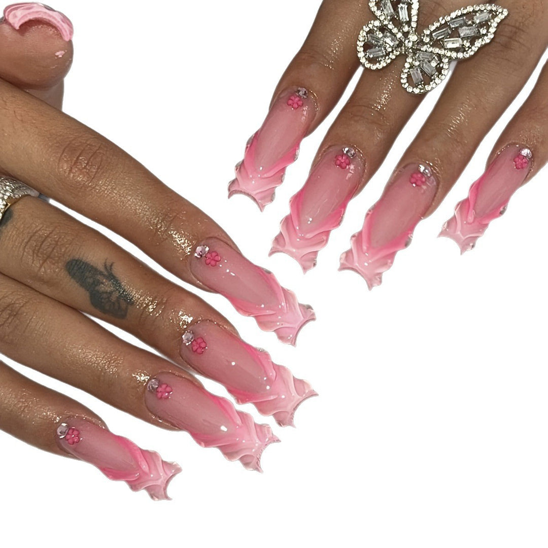Artificial nail set with floral 3D design and glittering accents Stornfield