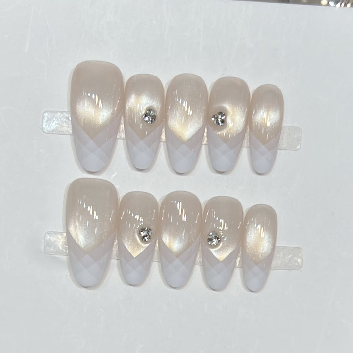 Elegant Geometric Press-On Nail Set with Rhinestone Detail Stornfield