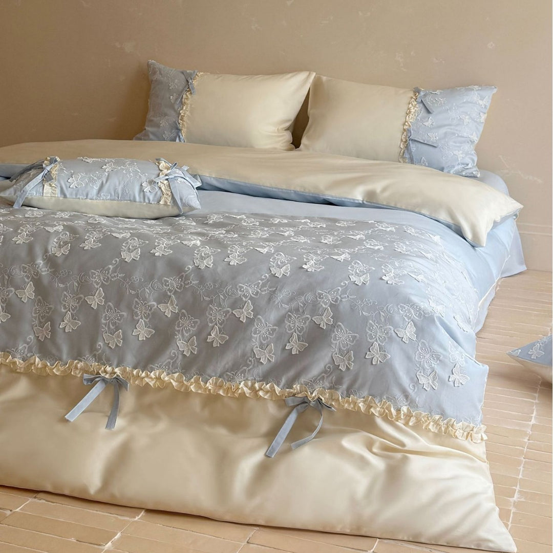 Luxurious bedding set with butterfly embroidery, ruffles and decorative bows