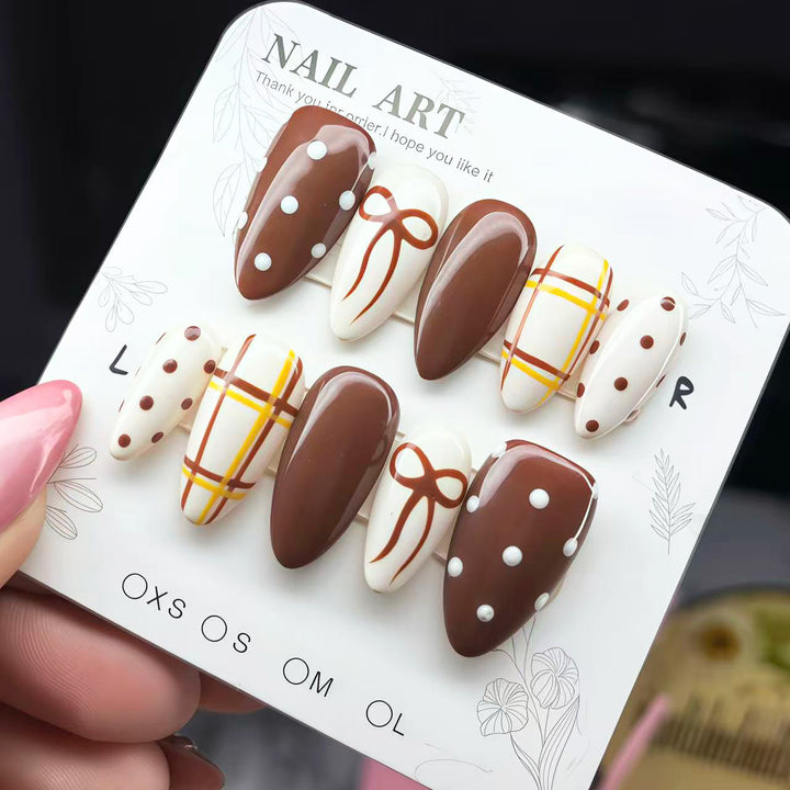 Decorative Press-On Nail Art Set with Bow and Polka Dot Design