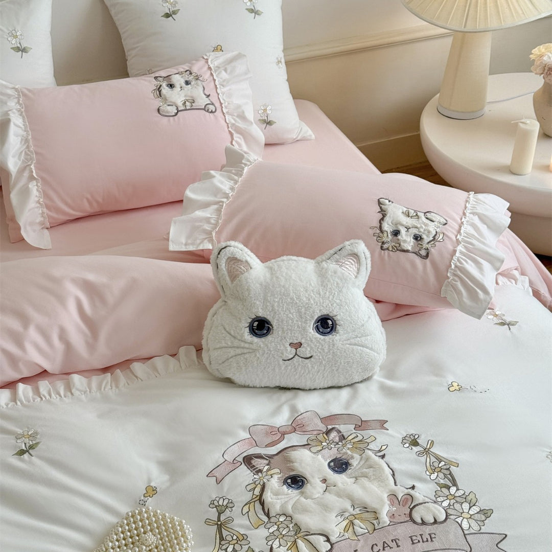 Ragdoll Cat Embroidered Cotton Sateen Duvet Cover Set with Frilled Edge & Decorative Pillow Shams