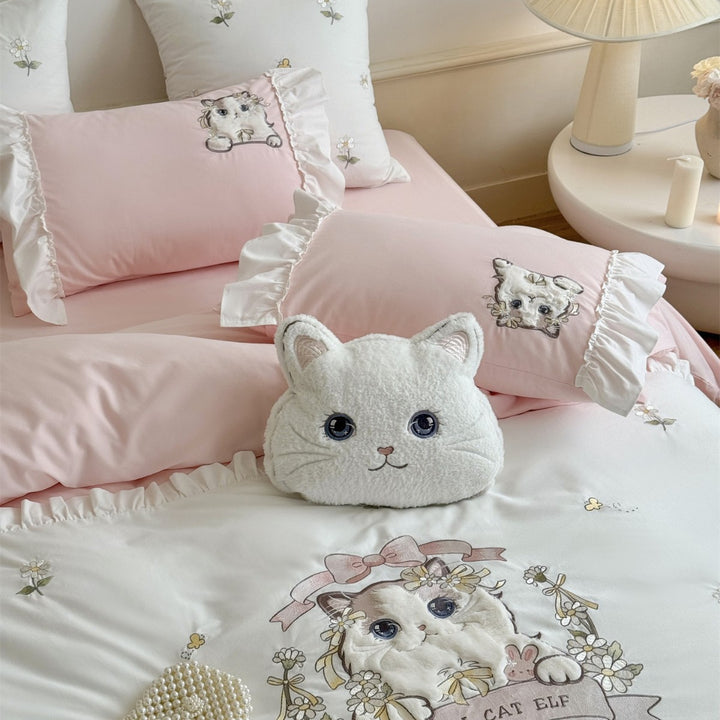 Ragdoll Cat Embroidered Cotton Sateen Duvet Cover Set with Frilled Edge & Decorative Pillow Shams