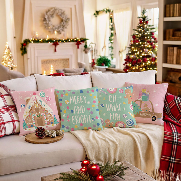 Festive Square Decorative Pillow Cover with Merry and Bright Holiday Typography and String-Light Motif
