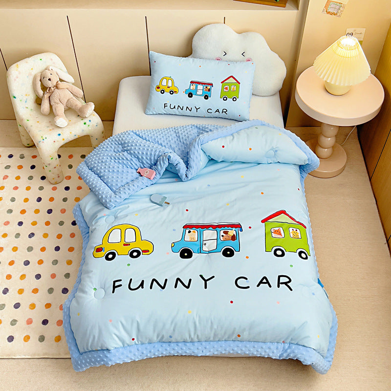 Plush Reversible Toddler Duvet Cover Set with Cute Sleeping Bear Print and Minky Dot Trim