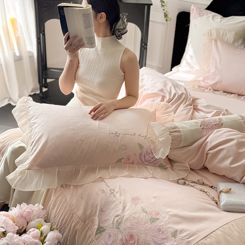 Romantic Floral Embroidered Ruffled Satin-Feel Duvet Cover Set with Decorative Bolster