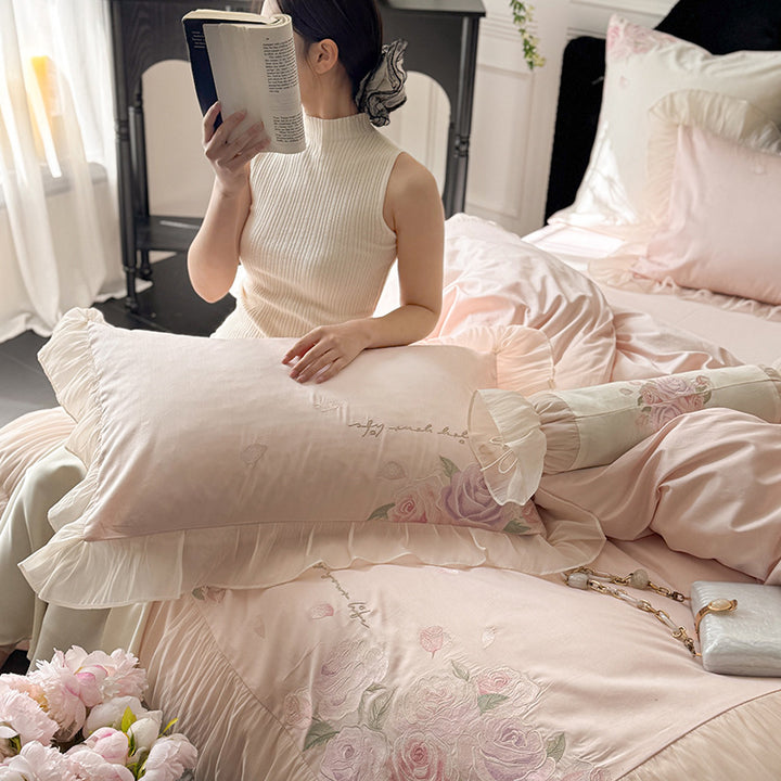 Romantic Floral Embroidered Ruffled Satin-Feel Duvet Cover Set with Decorative Bolster