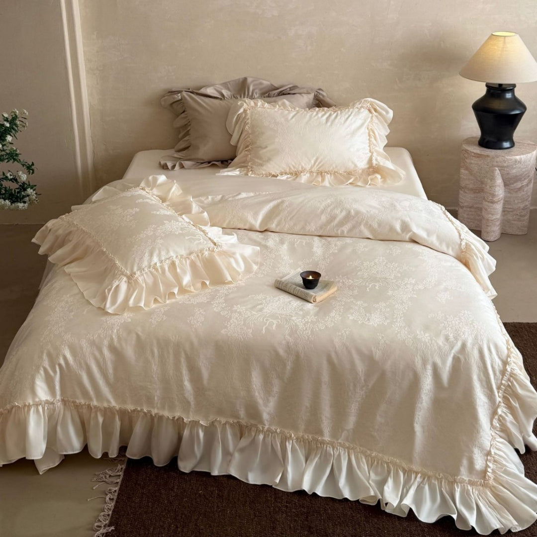 Ruffled Jacquard Floral Duvet Cover and Pillowcase Set