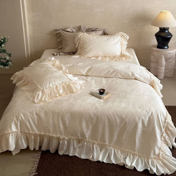 Ruffled Jacquard Floral Duvet Cover and Pillowcase Set
