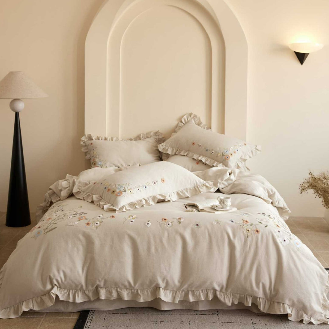 Floral Embroidered Ruffled Duvet Cover Set with Frilled Edge and Pillow Shams