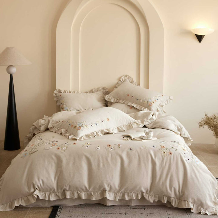 Floral Embroidered Ruffled Duvet Cover Set with Frilled Edge and Pillow Shams