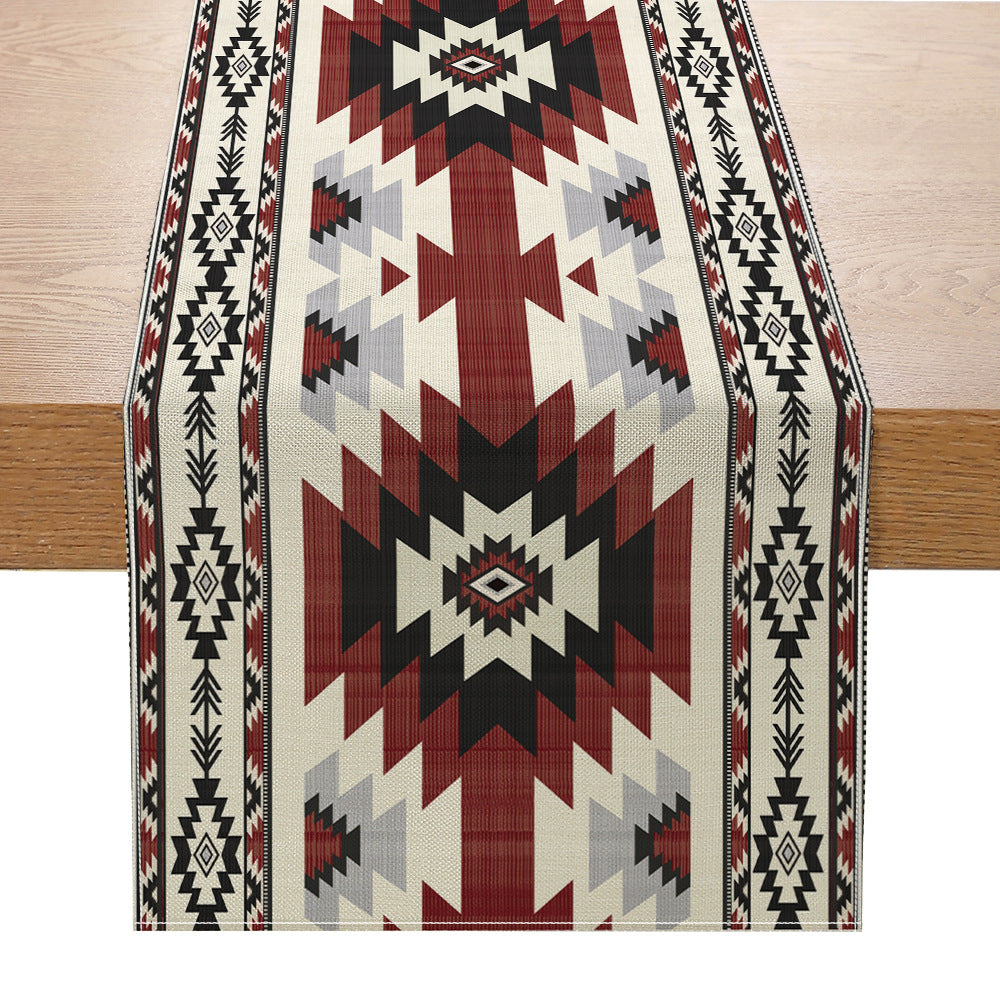 Southwestern Pattern Cotton-Linen Table Runner with Aztec Geometric Print