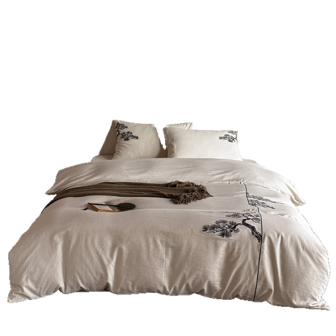 Embroidered Linen-Blend Duvet Cover Set with Botanical Pine Tree Motif