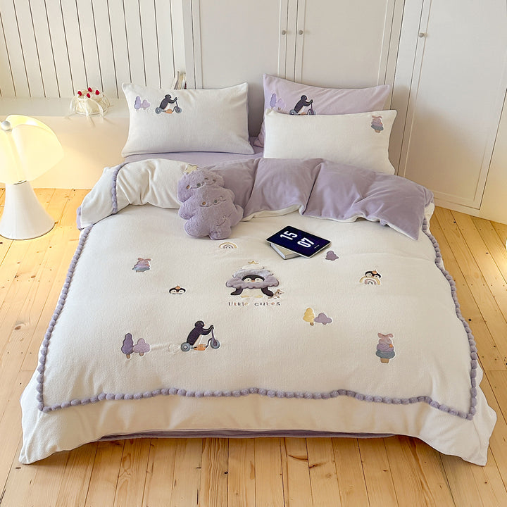 Plush Cartoon Appliqué Pom-Pom-Trim Fleece Duvet Cover Bedding Set