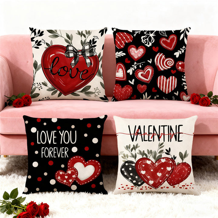 Decorative Square Cotton-Linen Throw Pillow Cover Heart 'Love' Illustration with Plaid Bow and Botanical Accents