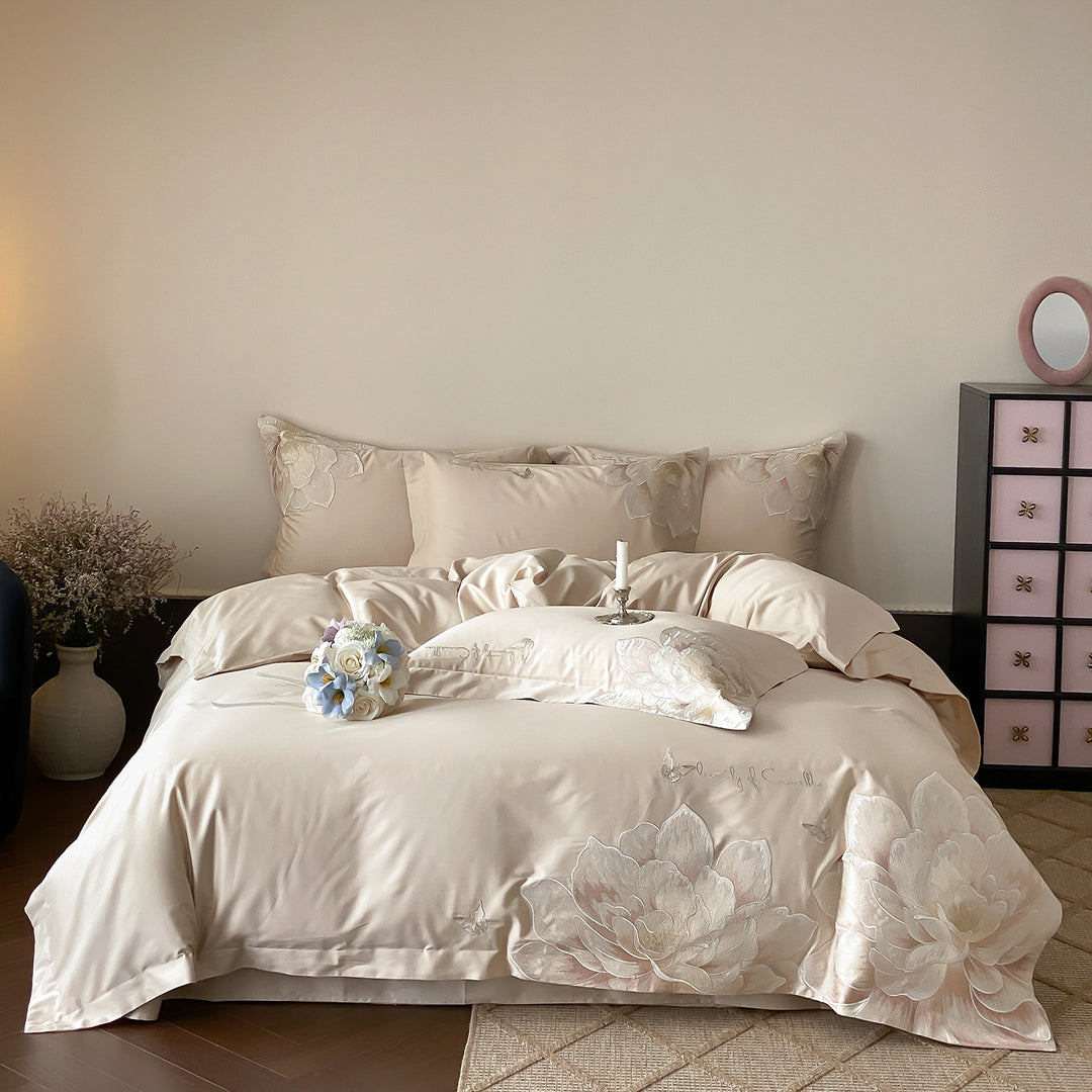Satin-Feel Embroidered Floral Duvet Cover Set with Pillow Shams