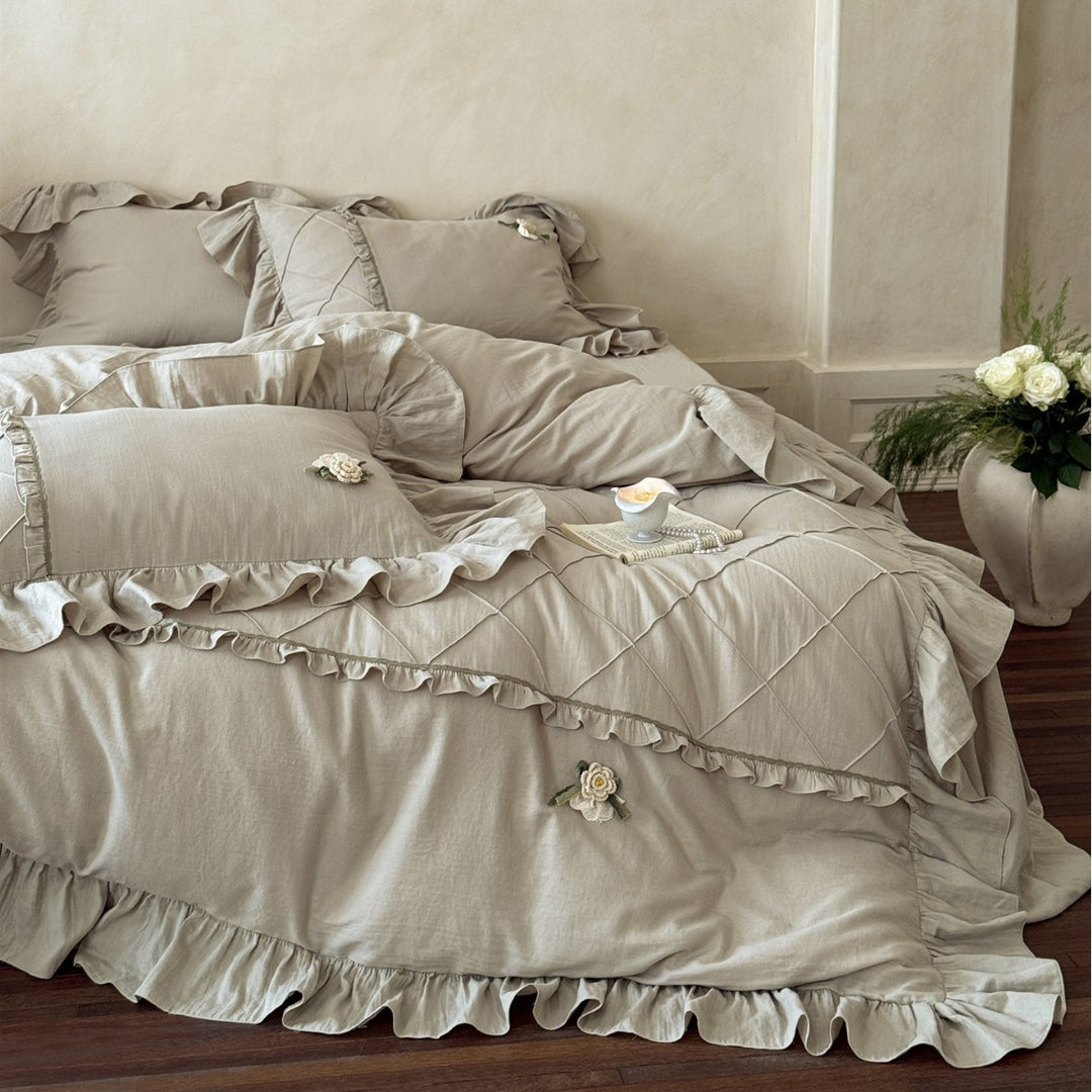 Washed Linen Ruffled Duvet Cover Set with Embroidered Floral Appliqué