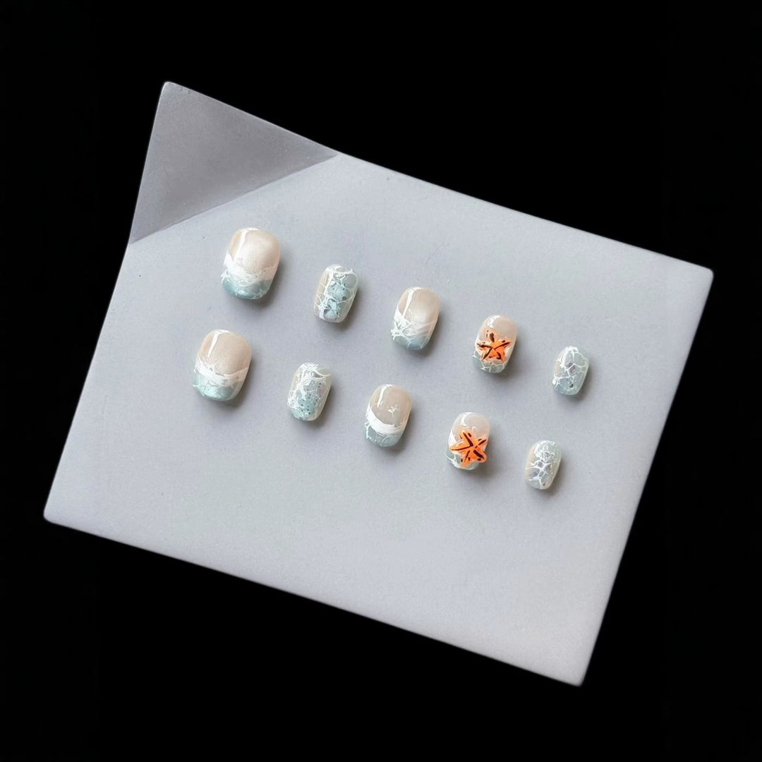 Elegant Press-On Nail Art Set with Ocean-Inspired Design