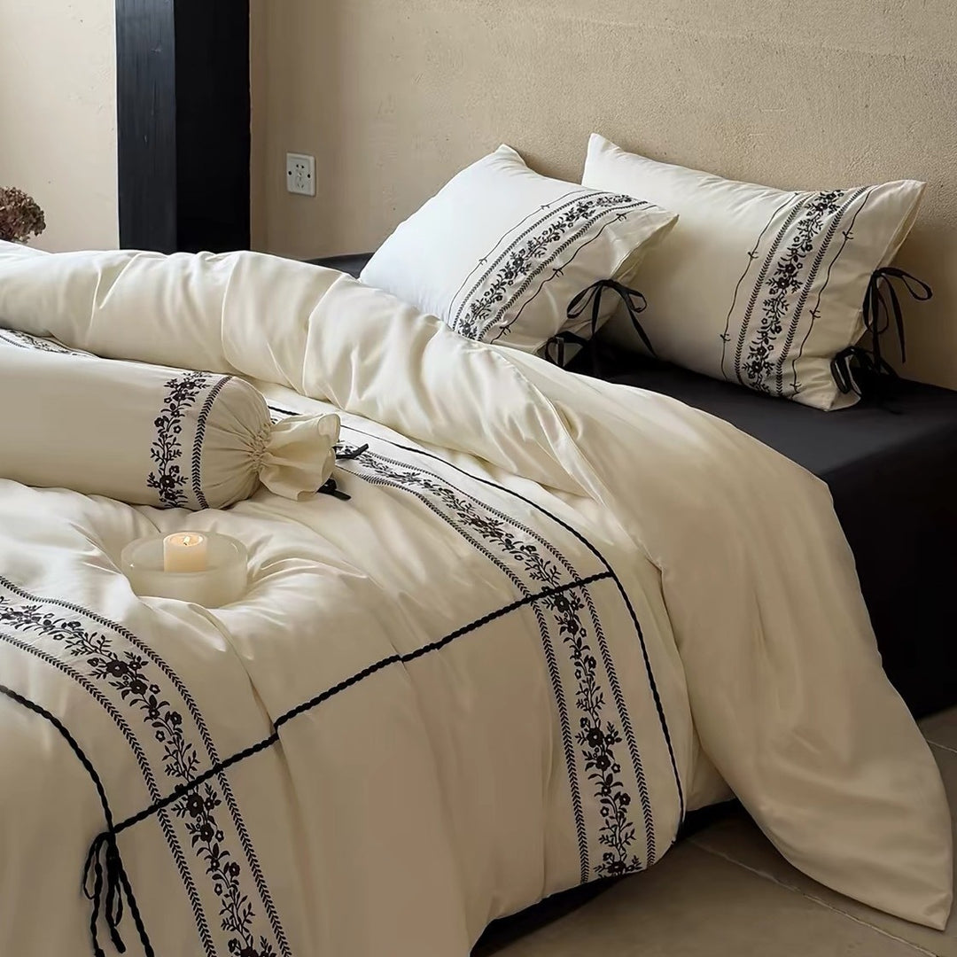 Luxury Embroidered Cotton Duvet Cover Set with Bolster and Tie Pillowcases