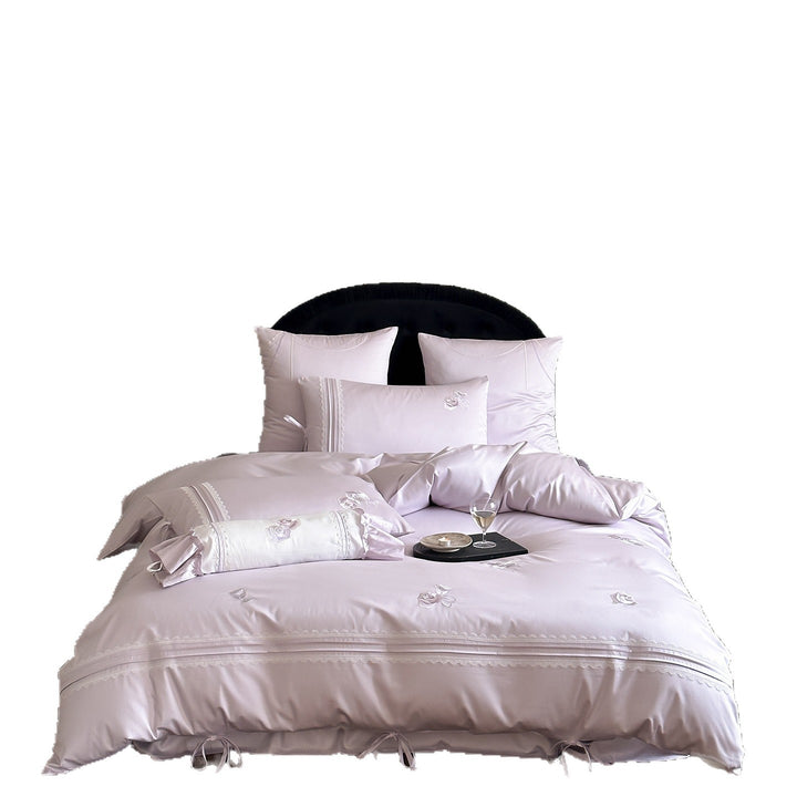 Luxury Satin Embroidered Rose Duvet Cover Bedding Set with Lace-Trimmed Pillow Shams and Decorative Bolster