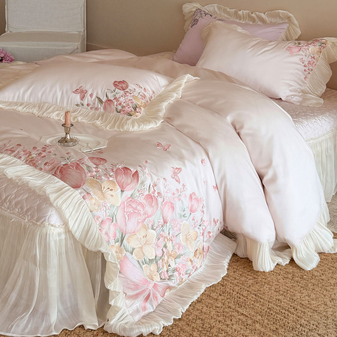 Ruffled Satin-Feel Floral Embroidered Duvet Cover Set with Pleated Ruffle Trim