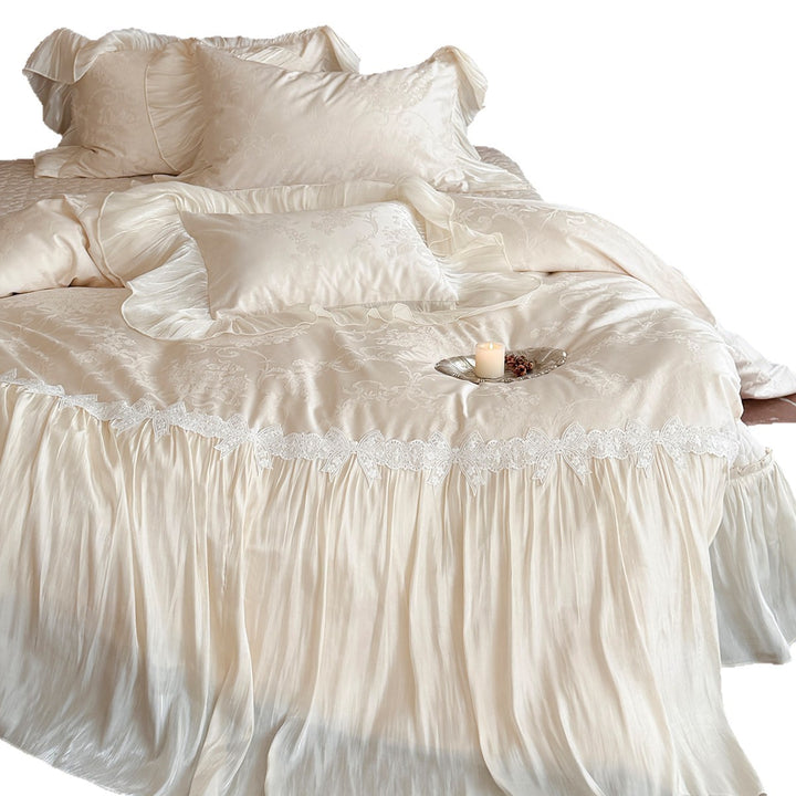 Romantic Pleated Silk-Feel Duvet Cover Ensemble with Lace-Edged Floor-Length Skirt