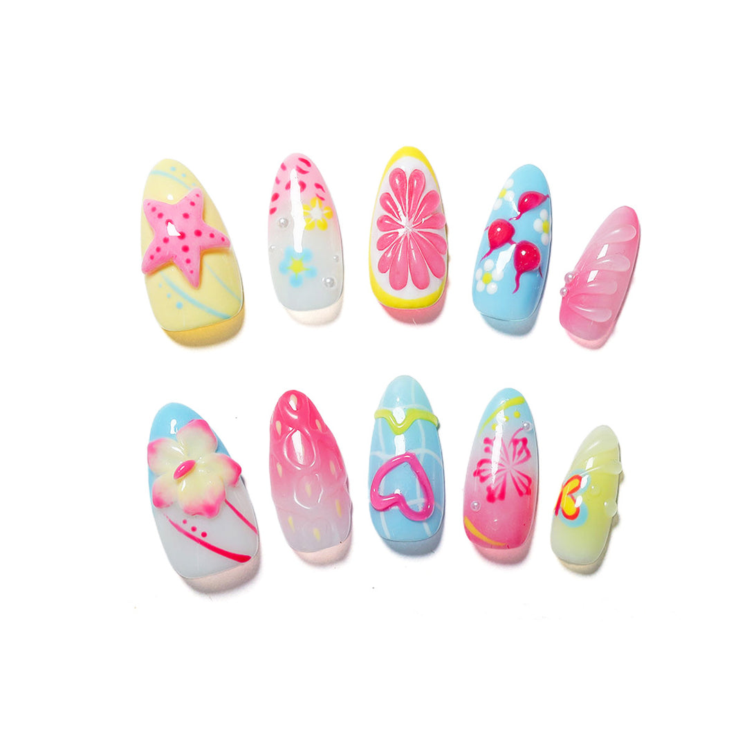 Creative nail art set with playful floral design and glitter effects Stornfield