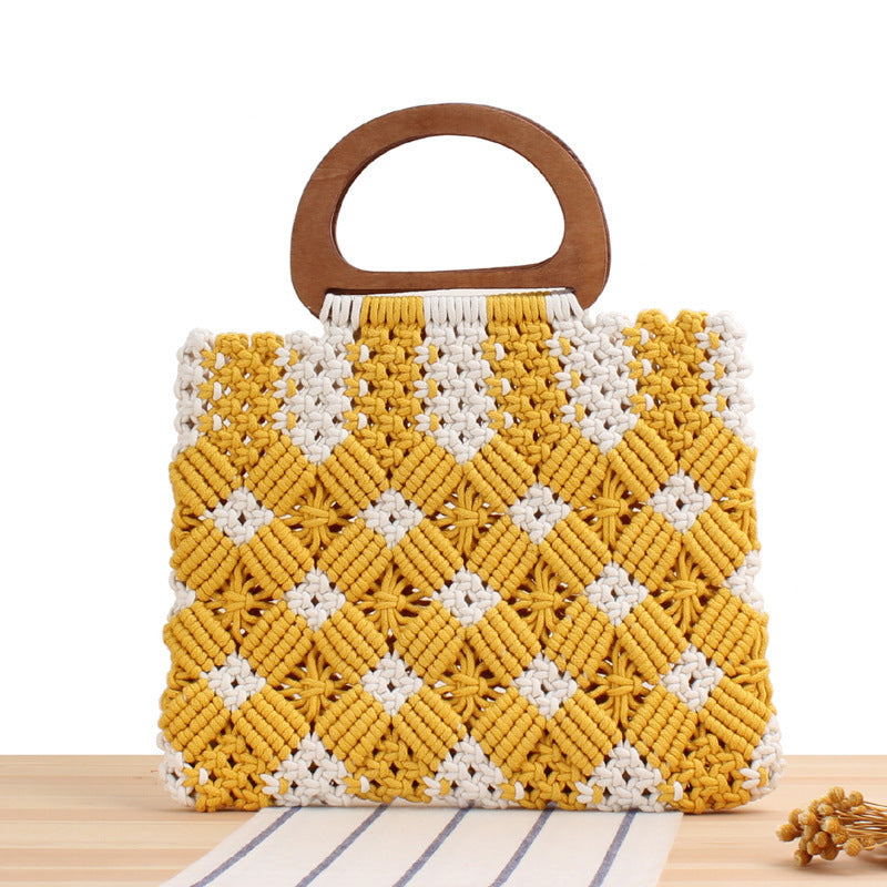 Macrame Tote Bag with Wooden Handles and Floral Details Stornfield