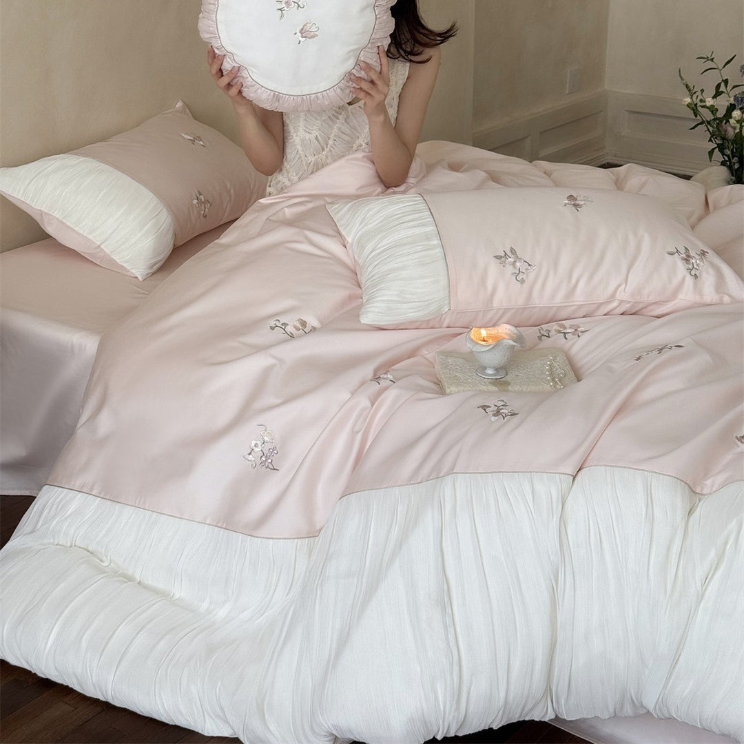 Embroidered Romantic Pleated Cotton-Sateen Duvet Cover Set