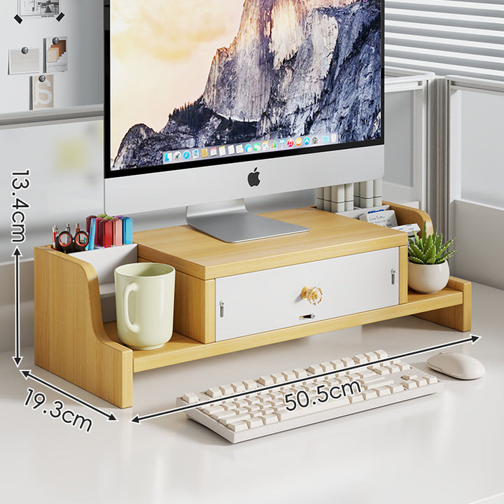Elevated Bamboo Desktop Stand with Lockable Drawer and Integrated Cup & Stationery Caddy