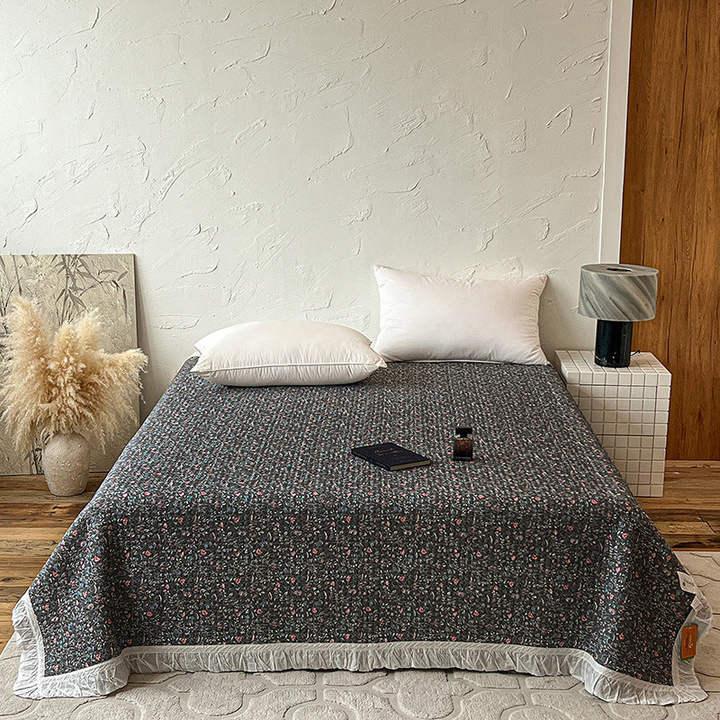 Quilted Bedspread Coverlet with Ruffled Edge and Mini Floral Print