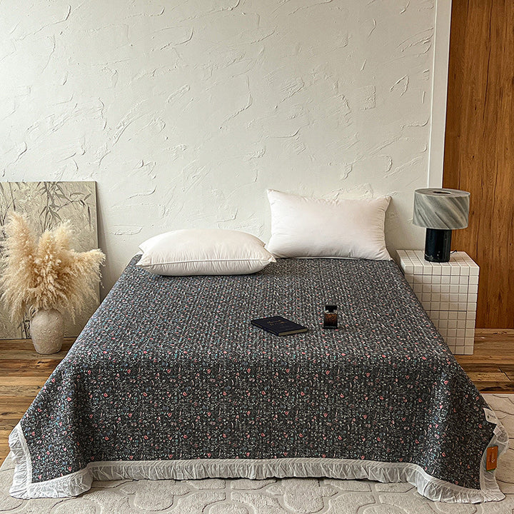 Quilted Bedspread Coverlet with Ruffled Edge and Mini Floral Print