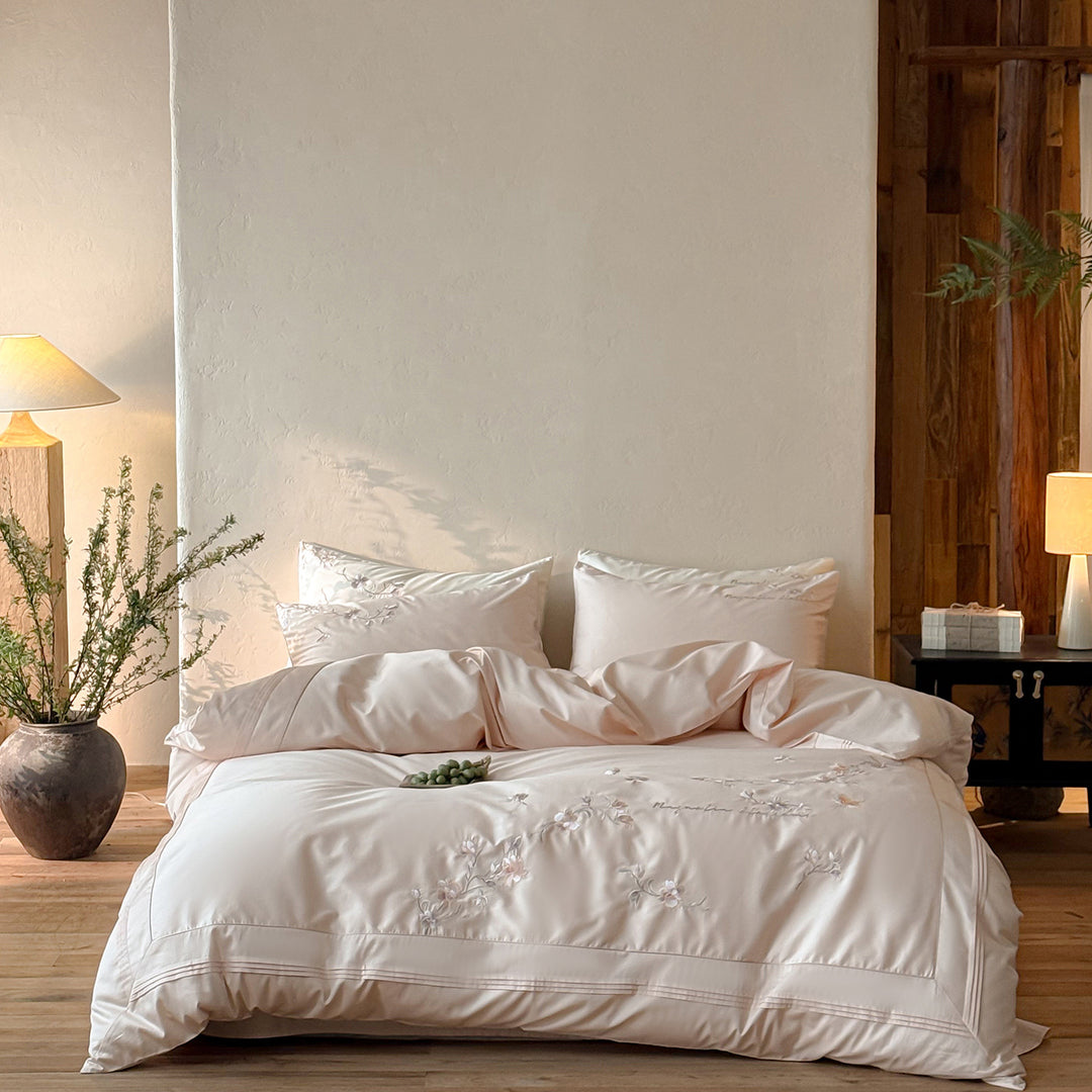 Embroidered Botanical Cotton Sateen Duvet Cover Set