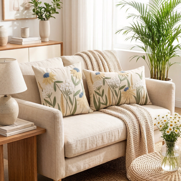 Hand-Embroidered Meadow Floral Accent Pillow Covers Set with Hidden Zipper