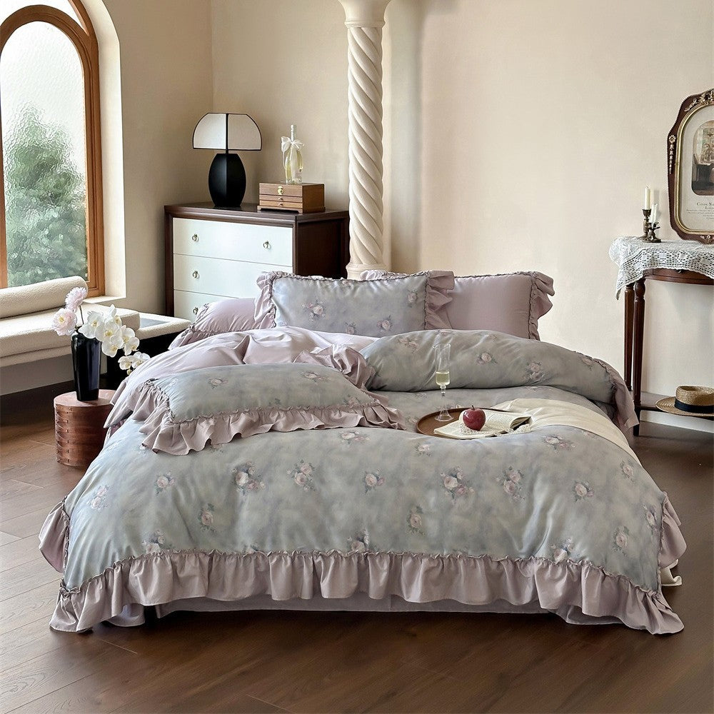 Vintage Ruffled Floral Duvet Cover Ensemble with Pillow Shams