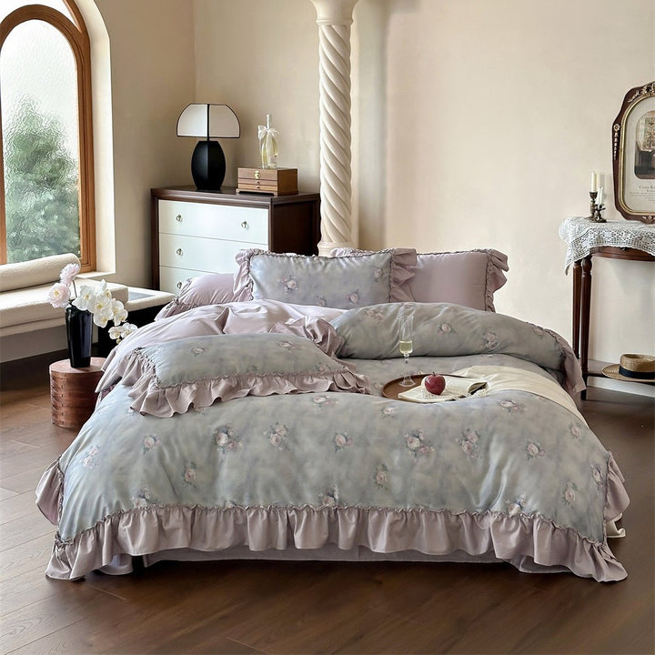Vintage Ruffled Floral Duvet Cover Ensemble with Pillow Shams