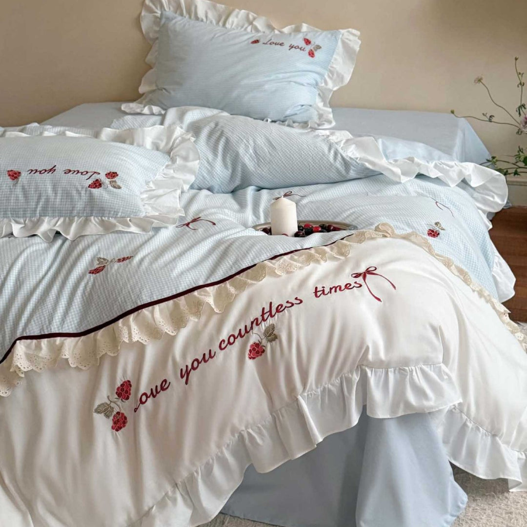 Ruffled Embroidered Cotton Duvet Cover Set with Romantic Rose Motif & Lace-Trim Pillow Shams