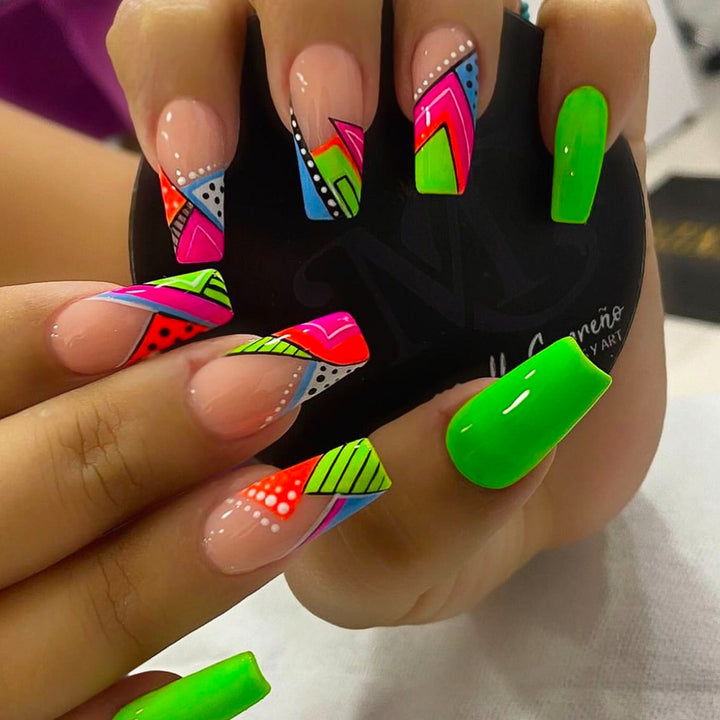 Artistic Neon Geometric Press-On Nail Art Extensions Stornfield