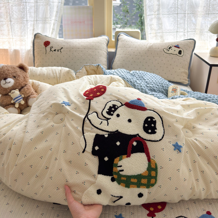Plush Reversible Duvet Cover Set with Embroidered Rabbit Applique