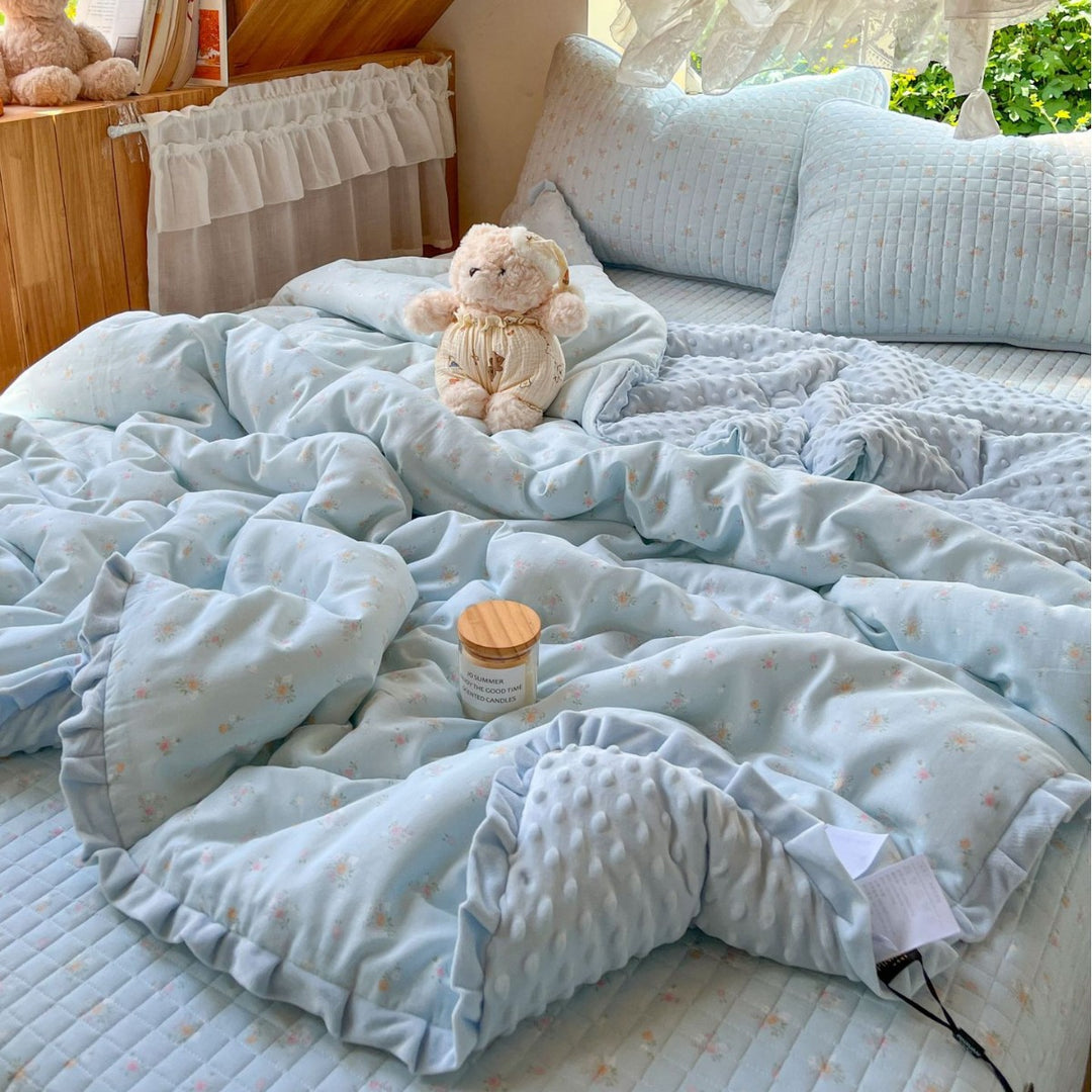 Children's Quilted Reversible Minky-Back Duvet Comforter Set with Ruffled Edge