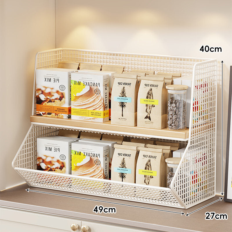 Compact Mesh Countertop Pantry Organizer with Two Wooden Shelves and Deep Front Basket