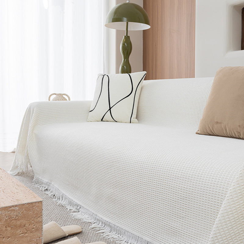 Textured Waffle-Weave Sofa Throw Cover with Fringe