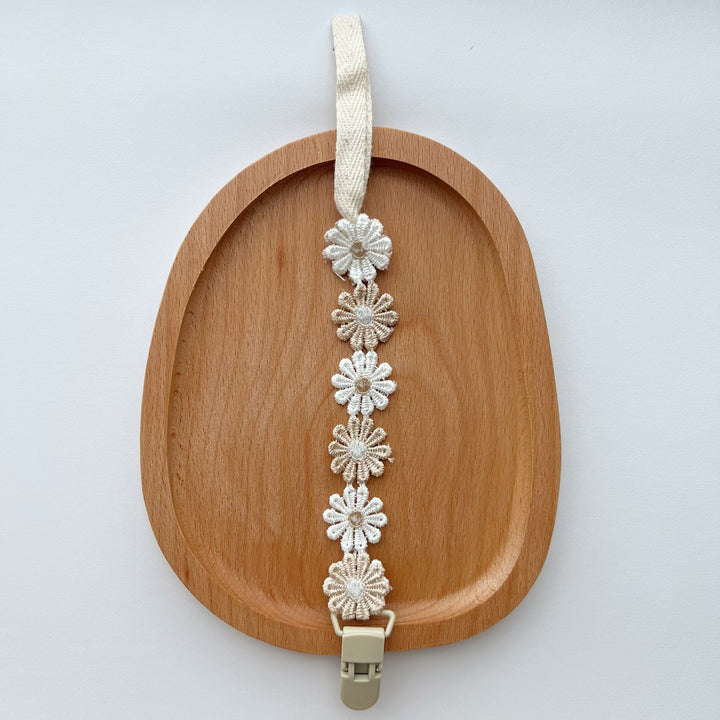 Crochet Daisy Pacifier Clip with Cotton Strap