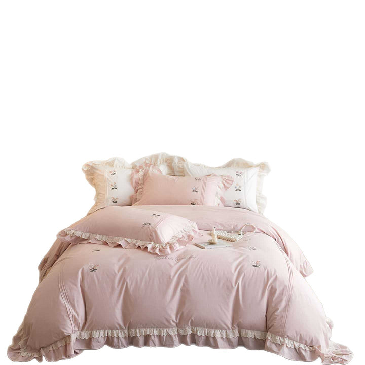 Ruffled Embroidered Cotton Duvet Cover Set with Lace Trim