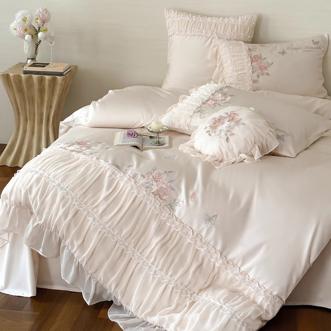 Ruffled Embroidered Rose-Print Cotton Sateen Duvet Cover & Sham Ensemble with Frilled Bedskirt-Style Hem