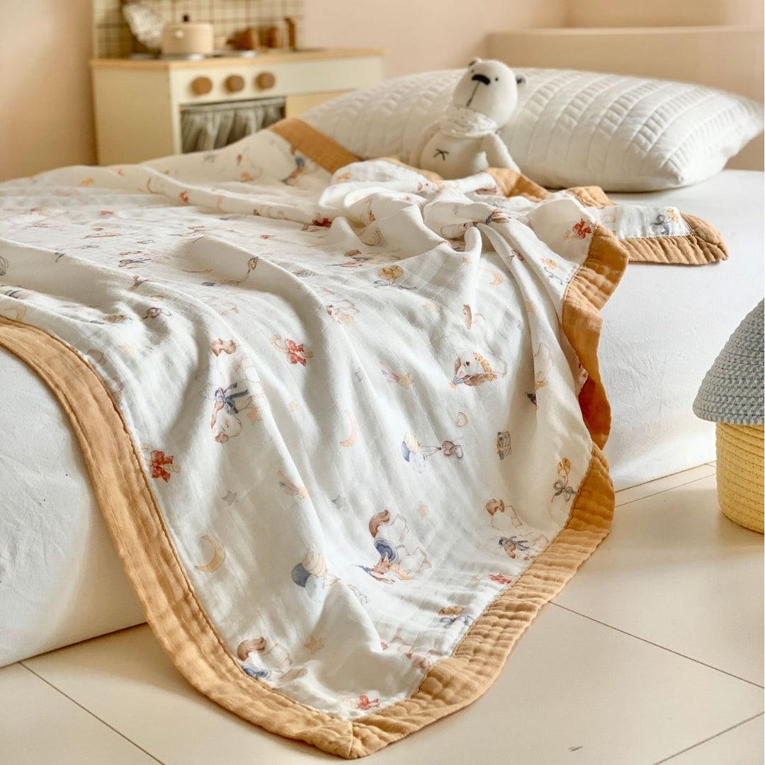 Muslin Cotton Blanket with Whimsical Animal Print and Quilted Border