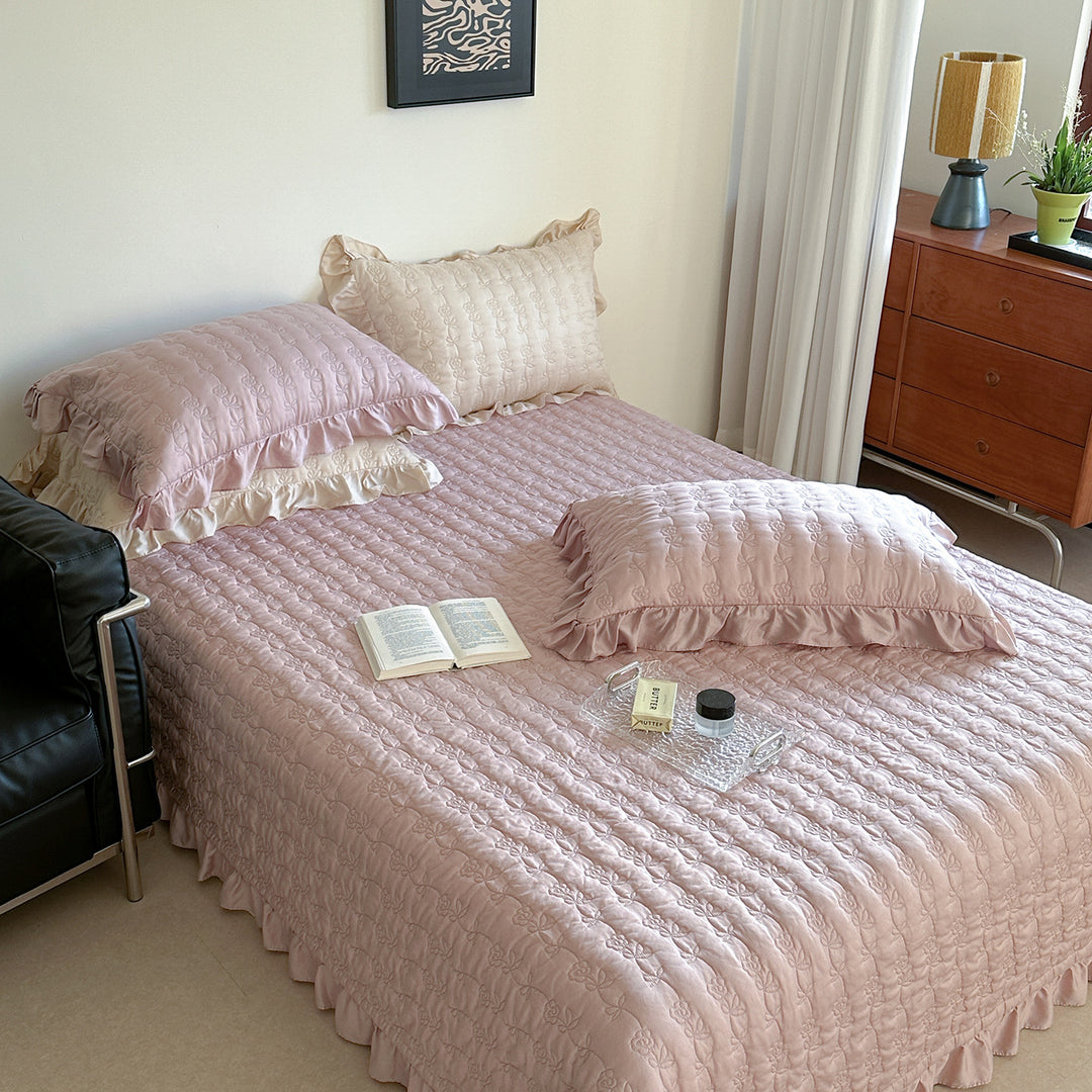 Quilted Floral Embroidered Bedspread Set with Ruffle Pillow Shams