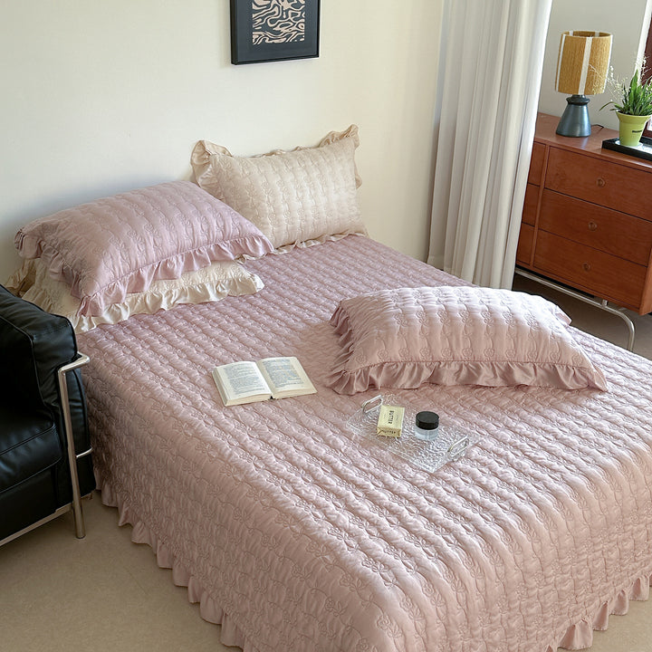 Quilted Floral Embroidered Bedspread Set with Ruffle Pillow Shams